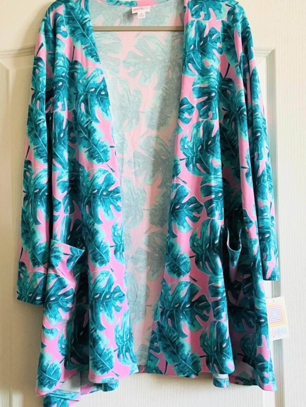 New! LuLaRoe Pink and Teal Tropical Leaf Open-Front Cardigan